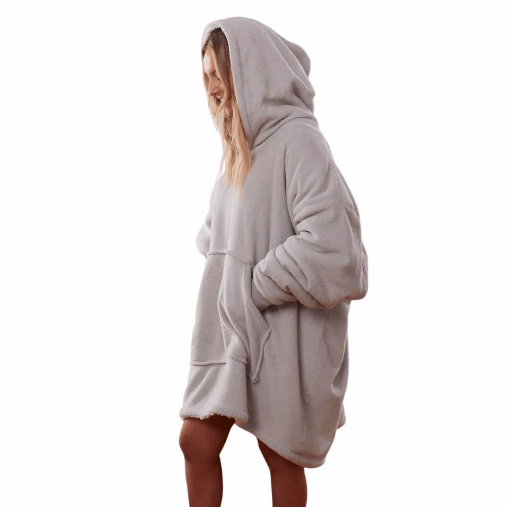 Oversized Teddy Fleece Hoodie Blanket with Sherpa Lining – Silver Grey