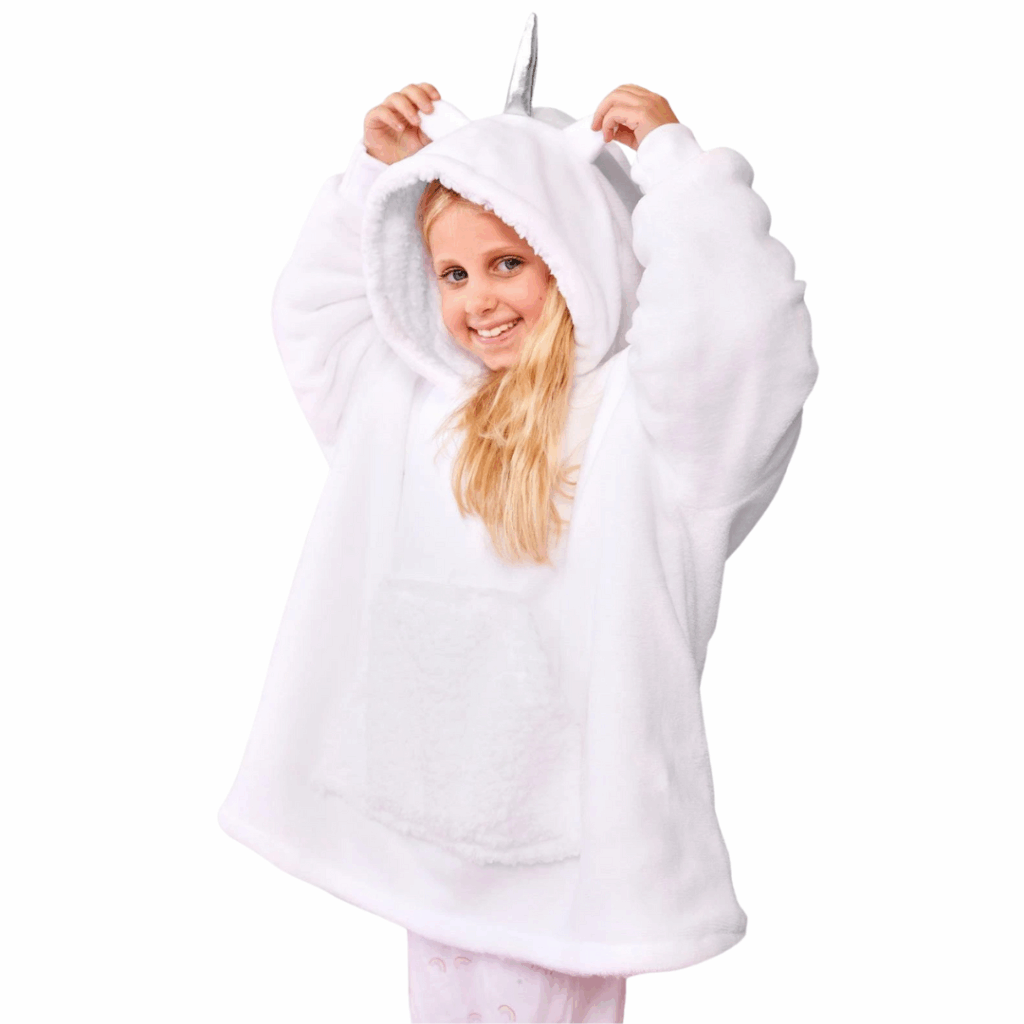 Kids Unicorn Sherpa Fleece Oversized Hoodie Blanket - White