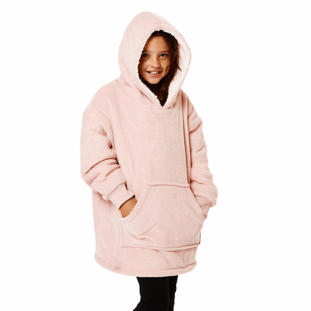 Kids Teddy Fleece Oversized Hoodie Blanket with Sherpa Lining – Blush Pink