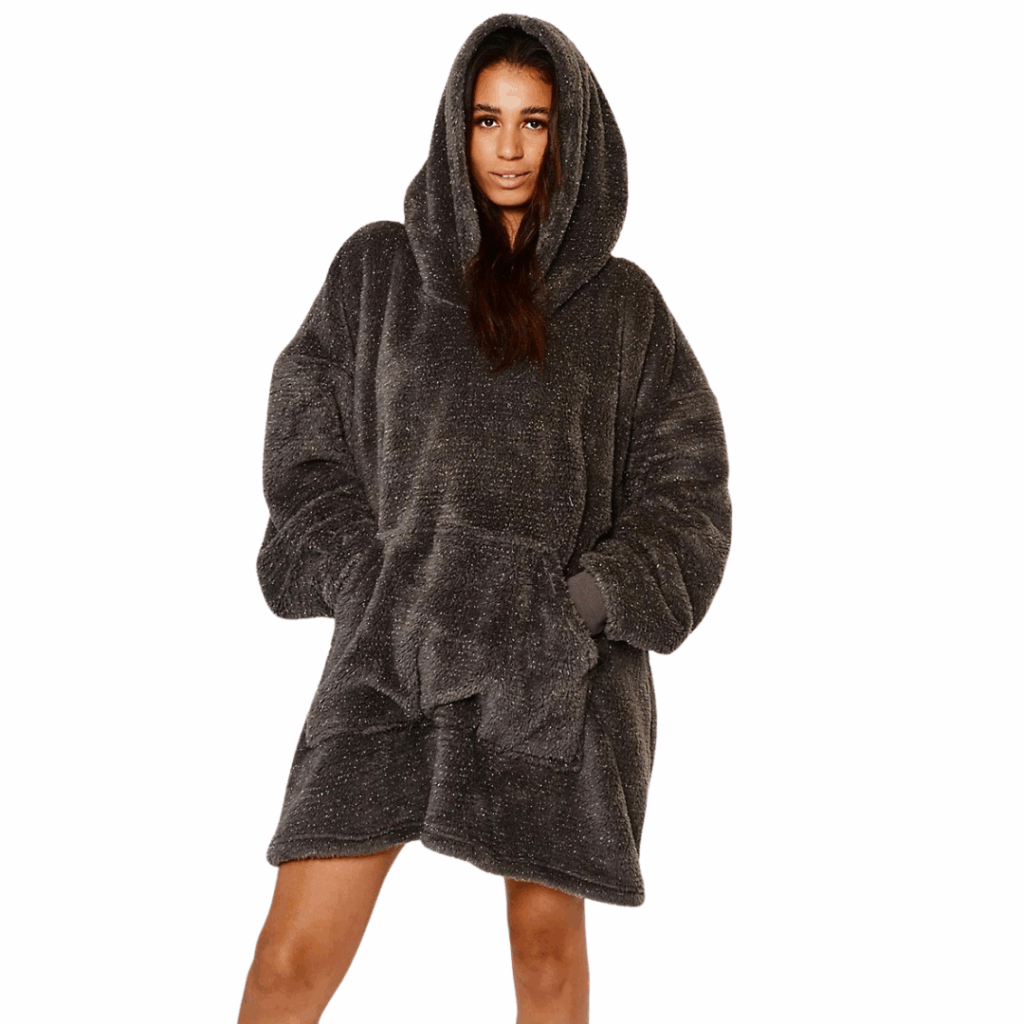 Oversized Glitter Teddy Sherpa Fleece Hoodie Blanket – Charcoal Grey