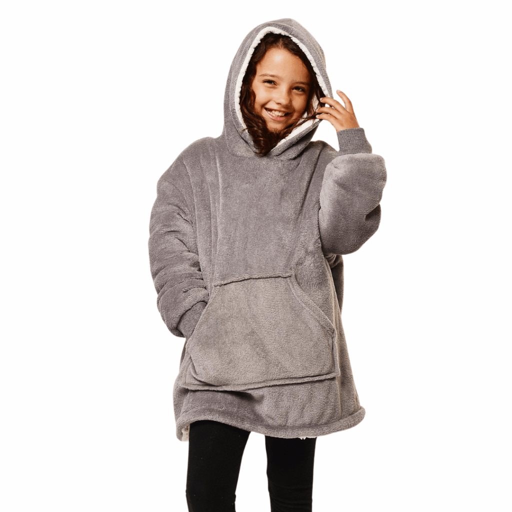 Kids Unisex Teddy Fleece Oversized Hoodie Blanket with Sherpa Lining – Charcoal Grey