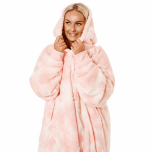 Oversized Tie Dye Teddy Fleece Hoodie Blanket with Sherpa Lining - Pastel Blush Pink
